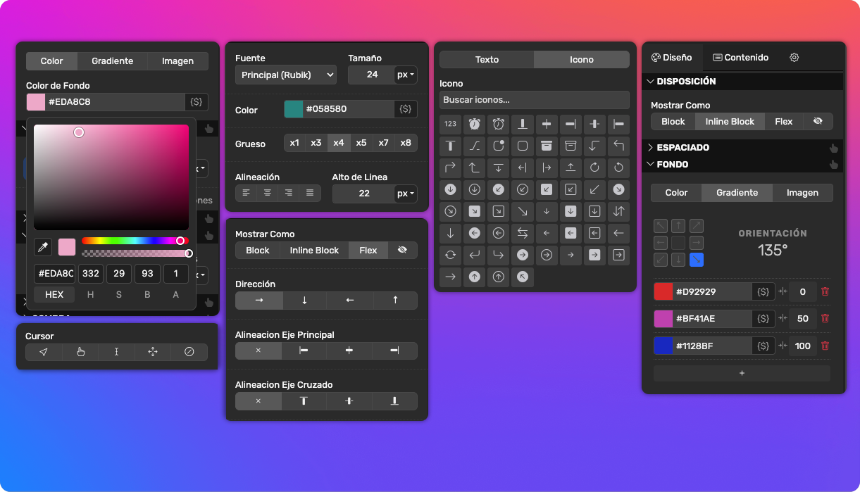 Panel de propiedades del editor visual